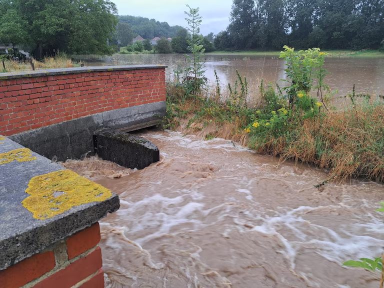 Eau boueuse débordant en torrent près d'un muret, en bordure d'une prairie submergée