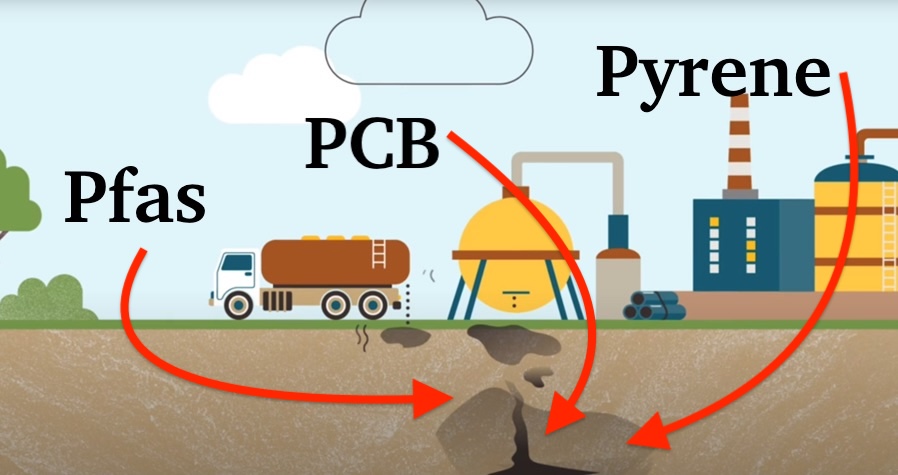 Schéma : une usine et un camion-citerne déversent des polluants qui s'infiltrent dans le sol ; trois familles sont nommées, PFAS, PCB et pyrène